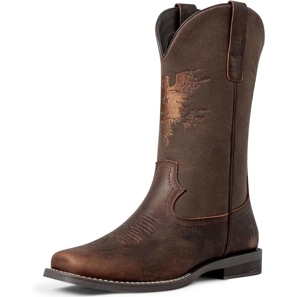 ⚡Men's Brown Square Toe Western Boot Vaqueras Para Hombre Slip On Wide Calf
